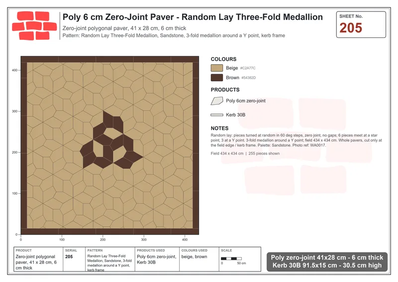 Interlock (Pasco) 41x28 cm · POL-205 · Random Lay Three-Fold Medallion, Sandstone, 3-fold medallion around a Y point, kerb frame · Laying plan Interlock (Pasco) 41x28 cm · POL-205 · Random Lay Three-Fold Medallion, Sandstone, 3-fold medallion around a Y point, kerb frame · Laying plan