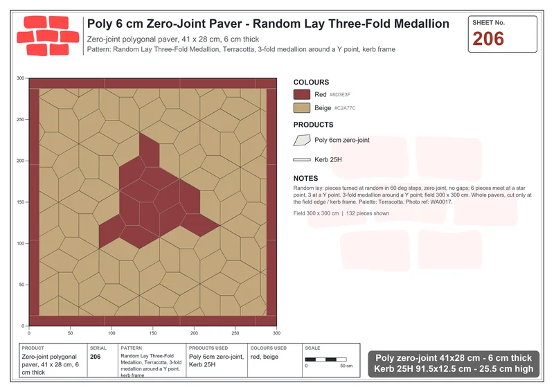 Interlock (Pasco) 41x28 cm · POL-206 · Random Lay Three-Fold Medallion, Terracotta, 3-fold medallion around a Y point, kerb frame · Laying plan Interlock (Pasco) 41x28 cm · POL-206 · Random Lay Three-Fold Medallion, Terracotta, 3-fold medallion around a Y point, kerb frame · Laying plan