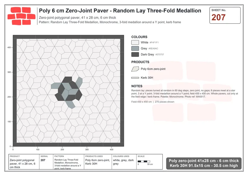 Interlock (Pasco) 41x28 cm · POL-207 · Random Lay Three-Fold Medallion, Monochrome, 3-fold medallion around a Y point, kerb frame · Laying plan Interlock (Pasco) 41x28 cm · POL-207 · Random Lay Three-Fold Medallion, Monochrome, 3-fold medallion around a Y point, kerb frame · Laying plan
