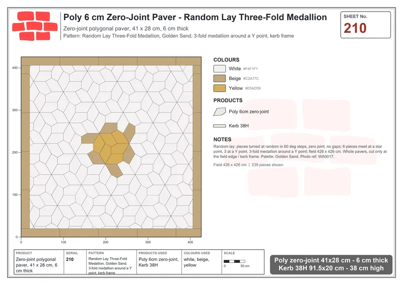 Interlock (Pasco) 41x28 cm · POL-210 · Random Lay Three-Fold Medallion, Golden Sand, 3-fold medallion around a Y point, kerb frame · Laying plan Interlock (Pasco) 41x28 cm · POL-210 · Random Lay Three-Fold Medallion, Golden Sand, 3-fold medallion around a Y point, kerb frame · Laying plan