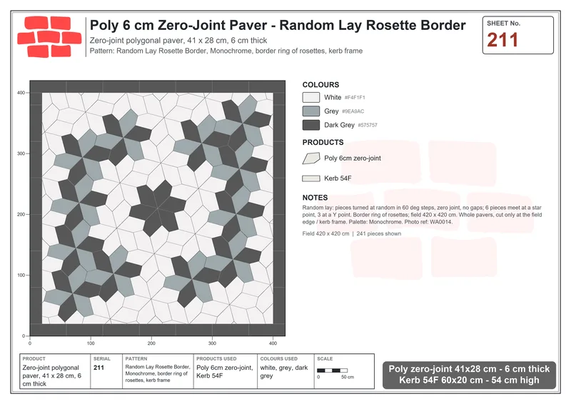 Interlock (Pasco) 41x28 cm · POL-211 · Random Lay Rosette Border, Monochrome, border ring of rosettes, kerb frame · Laying plan Interlock (Pasco) 41x28 cm · POL-211 · Random Lay Rosette Border, Monochrome, border ring of rosettes, kerb frame · Laying plan
