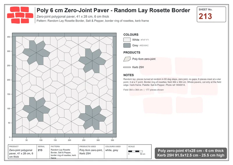 Interlock (Pasco) 41x28 cm · POL-213 · Random Lay Rosette Border, Salt & Pepper, border ring of rosettes, kerb frame · Laying plan Interlock (Pasco) 41x28 cm · POL-213 · Random Lay Rosette Border, Salt & Pepper, border ring of rosettes, kerb frame · Laying plan