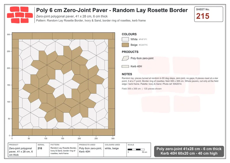 Interlock (Pasco) 41x28 cm · POL-215 · Random Lay Rosette Border, Ivory & Sand, border ring of rosettes, kerb frame · Laying plan Interlock (Pasco) 41x28 cm · POL-215 · Random Lay Rosette Border, Ivory & Sand, border ring of rosettes, kerb frame · Laying plan