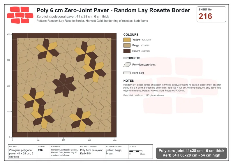 Interlock (Pasco) 41x28 cm · POL-216 · Random Lay Rosette Border, Harvest Gold, border ring of rosettes, kerb frame · Laying plan Interlock (Pasco) 41x28 cm · POL-216 · Random Lay Rosette Border, Harvest Gold, border ring of rosettes, kerb frame · Laying plan
