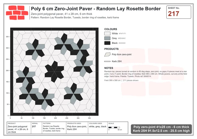 Interlock (Pasco) 41x28 cm · POL-217 · Random Lay Rosette Border, Tuxedo, border ring of rosettes, kerb frame · Laying plan Interlock (Pasco) 41x28 cm · POL-217 · Random Lay Rosette Border, Tuxedo, border ring of rosettes, kerb frame · Laying plan