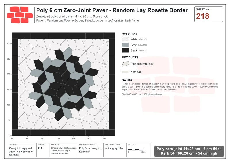 Interlock (Pasco) 41x28 cm · POL-218 · Random Lay Rosette Border, Tuxedo, border ring of rosettes, kerb frame · Laying plan Interlock (Pasco) 41x28 cm · POL-218 · Random Lay Rosette Border, Tuxedo, border ring of rosettes, kerb frame · Laying plan