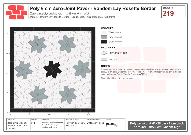 Interlock (Pasco) 41x28 cm · POL-219 · Random Lay Rosette Border, Tuxedo, border ring of rosettes, kerb frame · Laying plan Interlock (Pasco) 41x28 cm · POL-219 · Random Lay Rosette Border, Tuxedo, border ring of rosettes, kerb frame · Laying plan