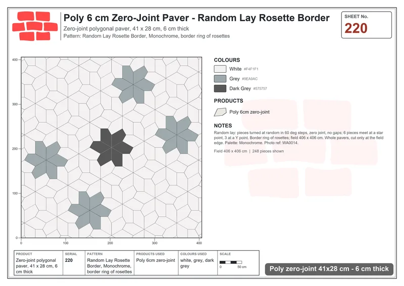Interlock (Pasco) 41x28 cm · POL-220 · Random Lay Rosette Border, Monochrome, border ring of rosettes · Laying plan Interlock (Pasco) 41x28 cm · POL-220 · Random Lay Rosette Border, Monochrome, border ring of rosettes · Laying plan