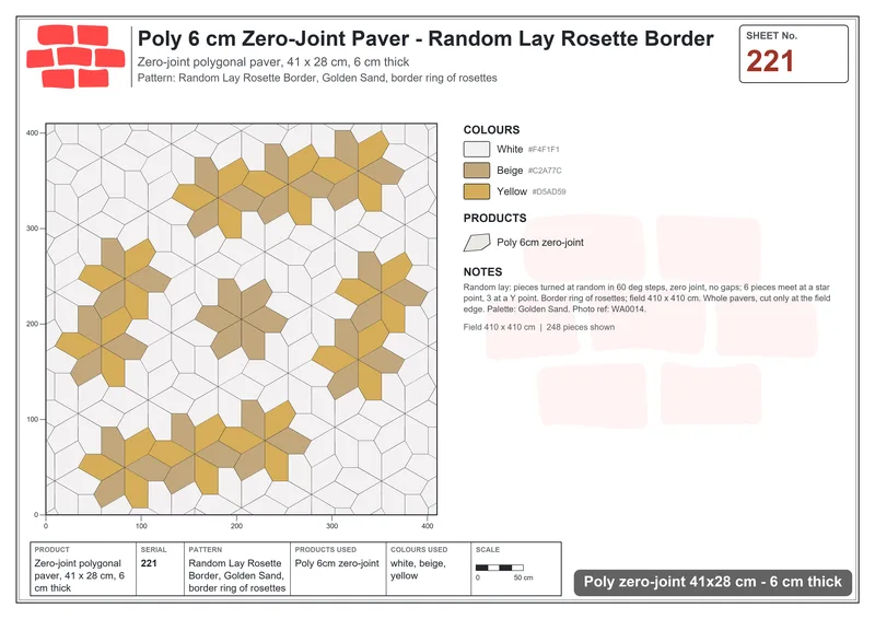 Interlock (Pasco) 41x28 cm · POL-221 · Random Lay Rosette Border, Golden Sand, border ring of rosettes · Laying plan Interlock (Pasco) 41x28 cm · POL-221 · Random Lay Rosette Border, Golden Sand, border ring of rosettes · Laying plan