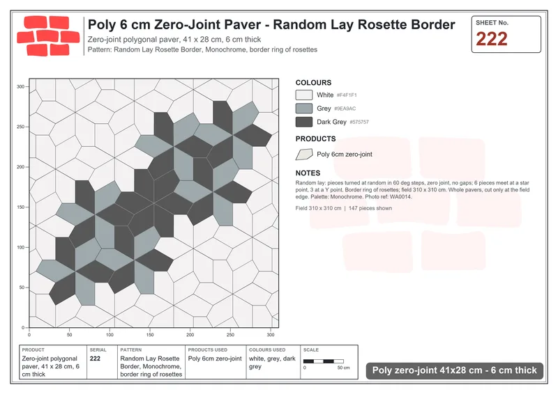 Interlock (Pasco) 41x28 cm · POL-222 · Random Lay Rosette Border, Monochrome, border ring of rosettes · Laying plan Interlock (Pasco) 41x28 cm · POL-222 · Random Lay Rosette Border, Monochrome, border ring of rosettes · Laying plan