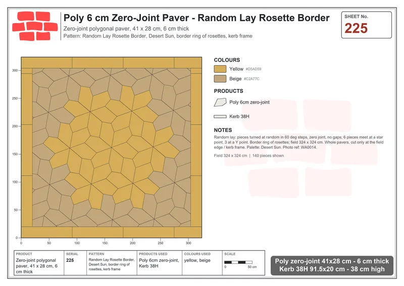 Interlock (Pasco) 41x28 cm · POL-225 · Random Lay Rosette Border, Desert Sun, border ring of rosettes, kerb frame · Laying plan Interlock (Pasco) 41x28 cm · POL-225 · Random Lay Rosette Border, Desert Sun, border ring of rosettes, kerb frame · Laying plan