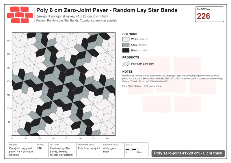 Interlock (Pasco) 41x28 cm · POL-226 · Random Lay Star Bands, Tuxedo, six-arm star asterisk · Laying plan Interlock (Pasco) 41x28 cm · POL-226 · Random Lay Star Bands, Tuxedo, six-arm star asterisk · Laying plan