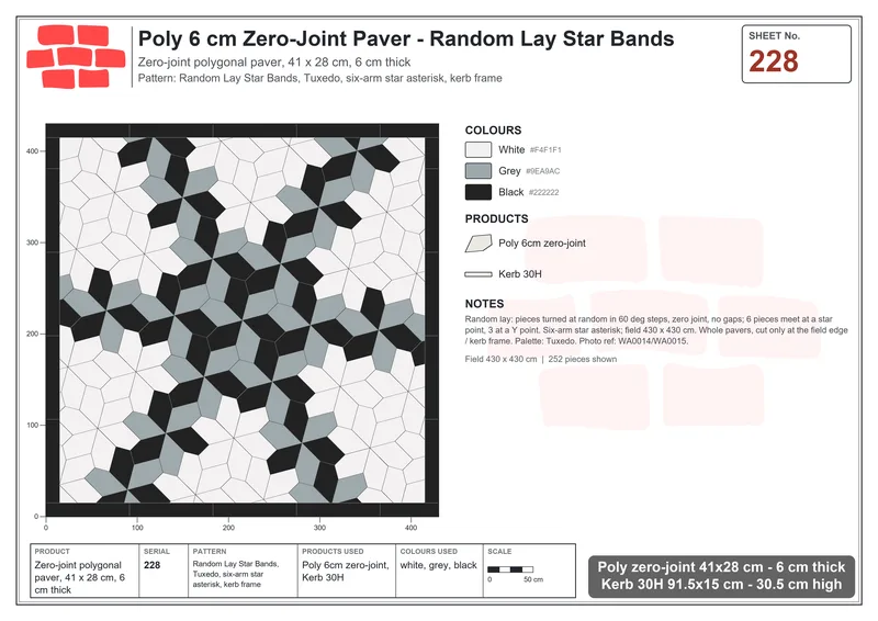 Interlock (Pasco) 41x28 cm · POL-228 · Random Lay Star Bands, Tuxedo, six-arm star asterisk, kerb frame · Laying plan Interlock (Pasco) 41x28 cm · POL-228 · Random Lay Star Bands, Tuxedo, six-arm star asterisk, kerb frame · Laying plan
