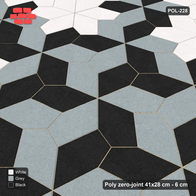 Interlock (Pasco) 41x28 cm · POL-228 · Random Lay Star Bands, Tuxedo, six-arm star asterisk, kerb frame · Side view Interlock (Pasco) 41x28 cm · POL-228 · Random Lay Star Bands, Tuxedo, six-arm star asterisk, kerb frame · Side view
