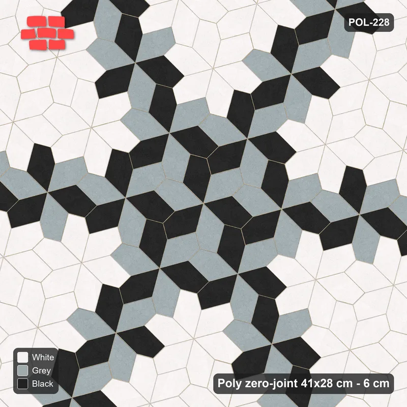 Interlock (Pasco) 41x28 cm · POL-228 · Random Lay Star Bands, Tuxedo, six-arm star asterisk, kerb frame · Top view Interlock (Pasco) 41x28 cm · POL-228 · Random Lay Star Bands, Tuxedo, six-arm star asterisk, kerb frame · Top view