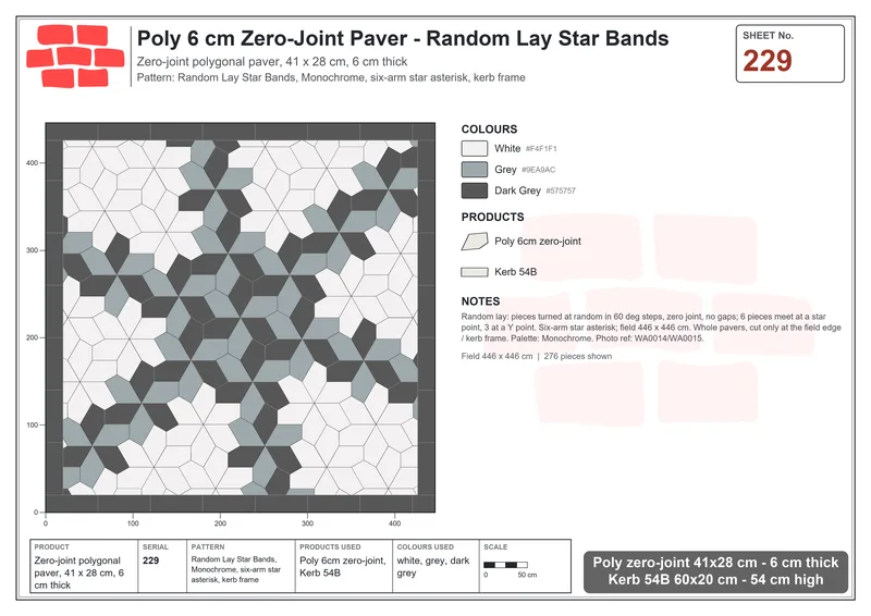Interlock (Pasco) 41x28 cm · POL-229 · Random Lay Star Bands, Monochrome, six-arm star asterisk, kerb frame · Laying plan Interlock (Pasco) 41x28 cm · POL-229 · Random Lay Star Bands, Monochrome, six-arm star asterisk, kerb frame · Laying plan