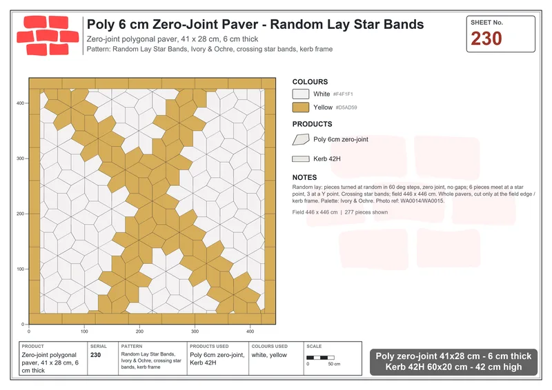 Interlock (Pasco) 41x28 cm · POL-230 · Random Lay Star Bands, Ivory & Ochre, crossing star bands, kerb frame · Laying plan Interlock (Pasco) 41x28 cm · POL-230 · Random Lay Star Bands, Ivory & Ochre, crossing star bands, kerb frame · Laying plan