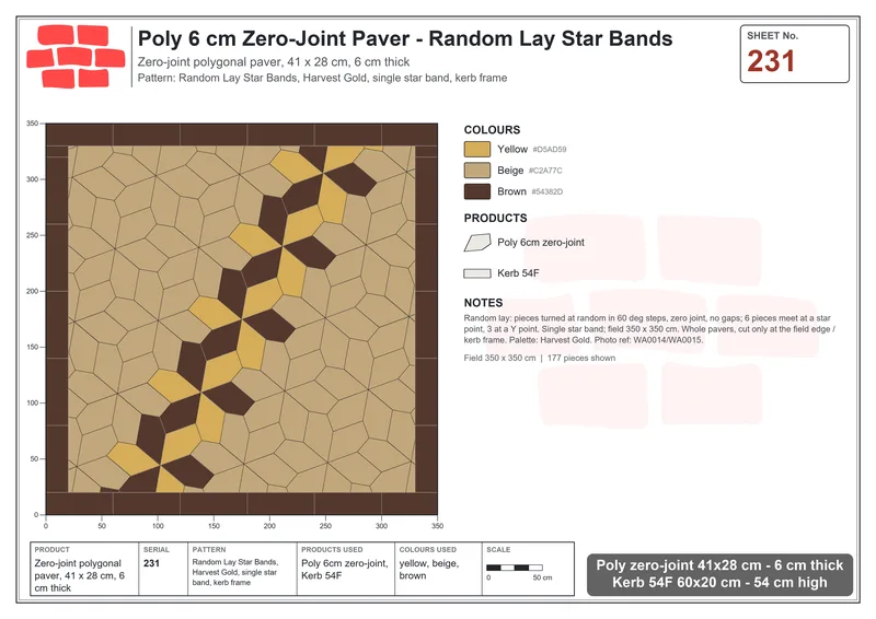 Interlock (Pasco) 41x28 cm · POL-231 · Random Lay Star Bands, Harvest Gold, single star band, kerb frame · Laying plan Interlock (Pasco) 41x28 cm · POL-231 · Random Lay Star Bands, Harvest Gold, single star band, kerb frame · Laying plan