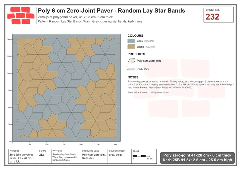 Interlock (Pasco) 41x28 cm · POL-232 · Random Lay Star Bands, Warm Grey, crossing star bands, kerb frame · Laying plan Interlock (Pasco) 41x28 cm · POL-232 · Random Lay Star Bands, Warm Grey, crossing star bands, kerb frame · Laying plan