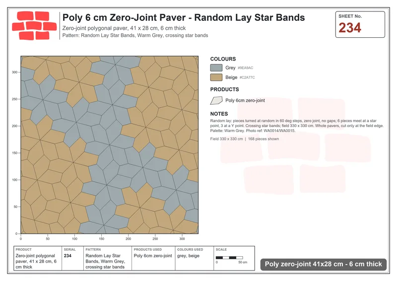 Interlock (Pasco) 41x28 cm · POL-234 · Random Lay Star Bands, Warm Grey, crossing star bands · Laying plan Interlock (Pasco) 41x28 cm · POL-234 · Random Lay Star Bands, Warm Grey, crossing star bands · Laying plan