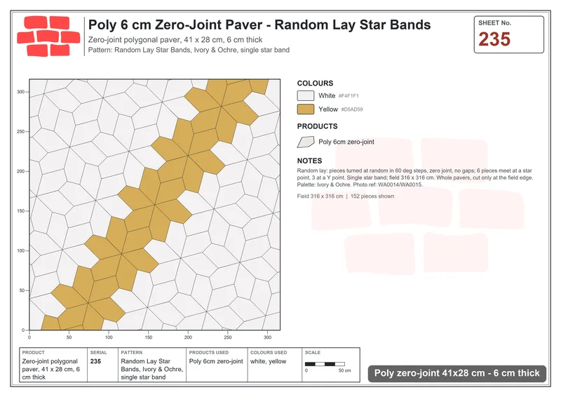 Interlock (Pasco) 41x28 cm · POL-235 · Random Lay Star Bands, Ivory & Ochre, single star band · Laying plan Interlock (Pasco) 41x28 cm · POL-235 · Random Lay Star Bands, Ivory & Ochre, single star band · Laying plan