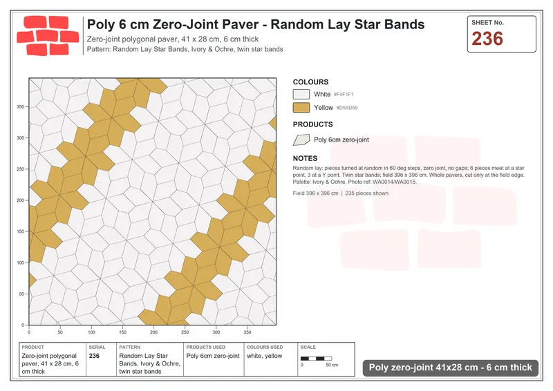 Interlock (Pasco) 41x28 cm · POL-236 · Random Lay Star Bands, Ivory & Ochre, twin star bands · Laying plan Interlock (Pasco) 41x28 cm · POL-236 · Random Lay Star Bands, Ivory & Ochre, twin star bands · Laying plan