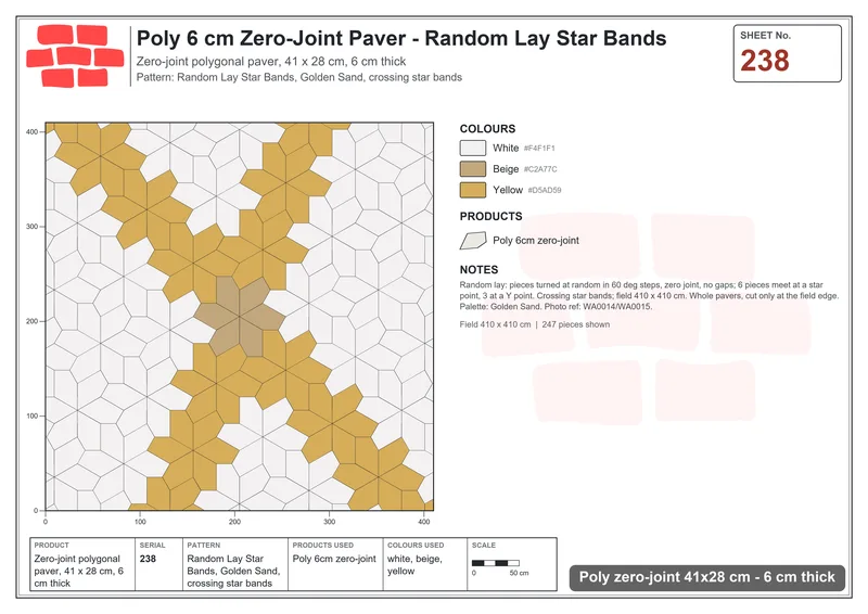 Interlock (Pasco) 41x28 cm · POL-238 · Random Lay Star Bands, Golden Sand, crossing star bands · Laying plan Interlock (Pasco) 41x28 cm · POL-238 · Random Lay Star Bands, Golden Sand, crossing star bands · Laying plan