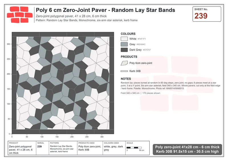 Interlock (Pasco) 41x28 cm · POL-239 · Random Lay Star Bands, Monochrome, six-arm star asterisk, kerb frame · Laying plan Interlock (Pasco) 41x28 cm · POL-239 · Random Lay Star Bands, Monochrome, six-arm star asterisk, kerb frame · Laying plan
