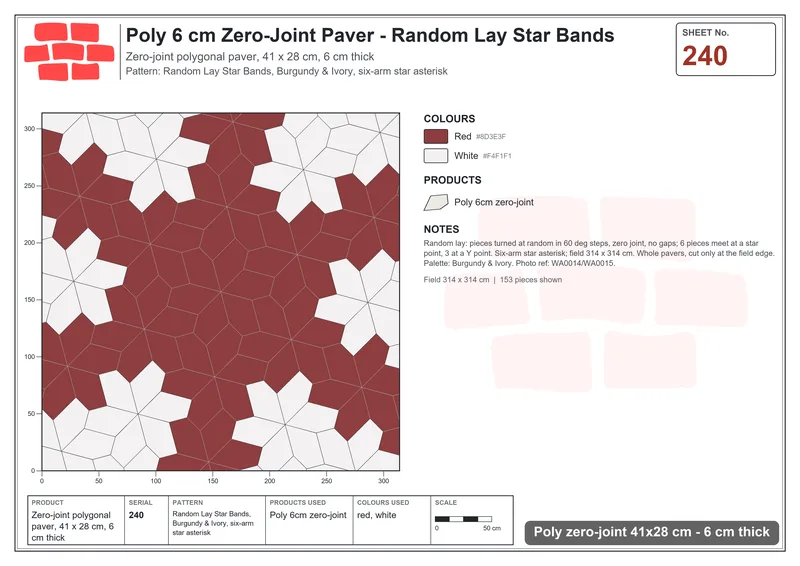 Interlock (Pasco) 41x28 cm · POL-240 · Random Lay Star Bands, Burgundy & Ivory, six-arm star asterisk · Laying plan Interlock (Pasco) 41x28 cm · POL-240 · Random Lay Star Bands, Burgundy & Ivory, six-arm star asterisk · Laying plan