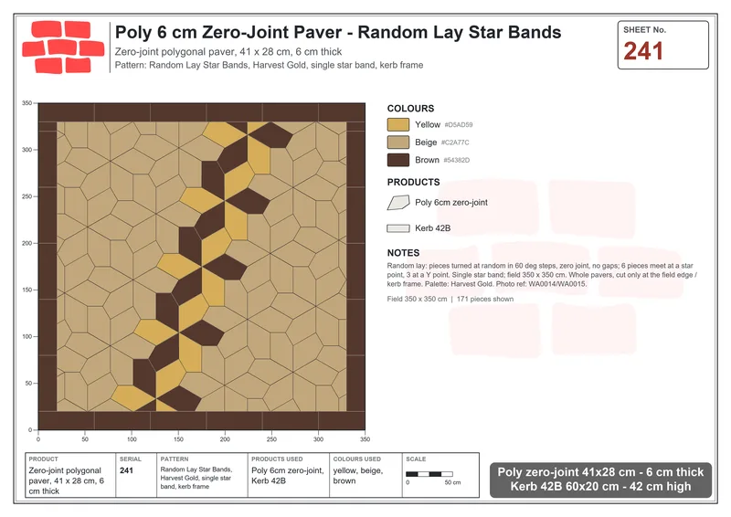 Interlock (Pasco) 41x28 cm · POL-241 · Random Lay Star Bands, Harvest Gold, single star band, kerb frame · Laying plan Interlock (Pasco) 41x28 cm · POL-241 · Random Lay Star Bands, Harvest Gold, single star band, kerb frame · Laying plan