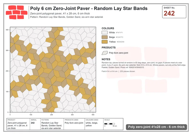 Interlock (Pasco) 41x28 cm · POL-242 · Random Lay Star Bands, Golden Sand, six-arm star asterisk · Laying plan Interlock (Pasco) 41x28 cm · POL-242 · Random Lay Star Bands, Golden Sand, six-arm star asterisk · Laying plan