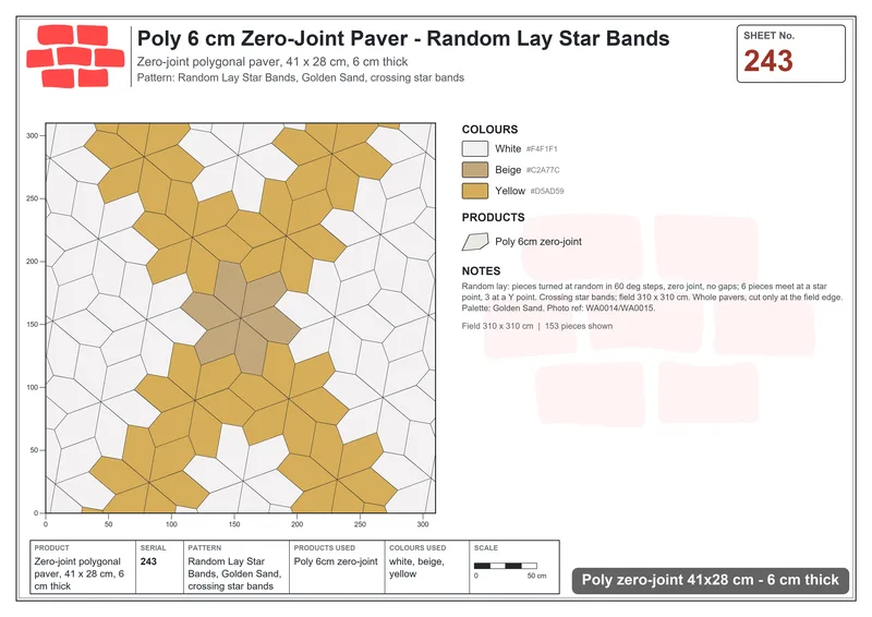 Interlock (Pasco) 41x28 cm · POL-243 · Random Lay Star Bands, Golden Sand, crossing star bands · Laying plan Interlock (Pasco) 41x28 cm · POL-243 · Random Lay Star Bands, Golden Sand, crossing star bands · Laying plan