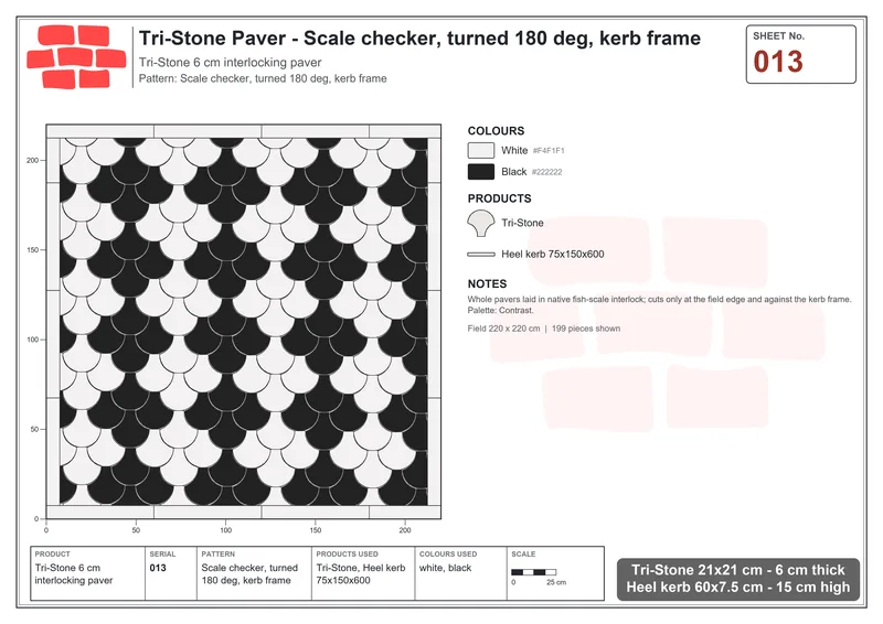 Interlock (Pasco) 21x21 cm · TRI-013 · Scale checker, turned 180 deg, kerb frame · Laying plan