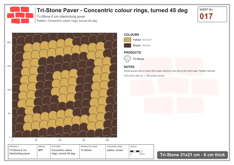 Interlock (Pasco) 21x21 cm · TRI-017 · Concentric colour rings, turned 45 deg · Laying plan