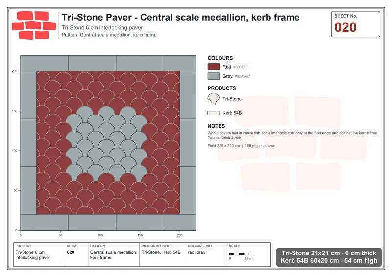 Interlock (Pasco) 21x21 cm · TRI-020 · Central scale medallion, kerb frame · Laying plan