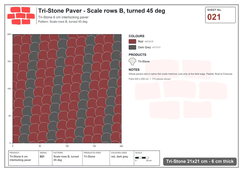 Interlock (Pasco) 21x21 cm · TRI-021 · Scale rows B, turned 45 deg · Laying plan