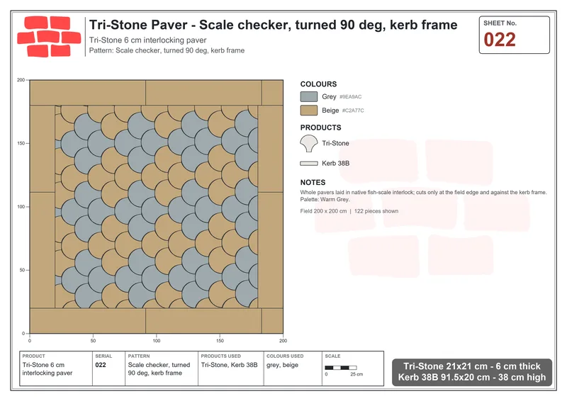 Interlock (Pasco) 21x21 cm · TRI-022 · Scale checker, turned 90 deg, kerb frame · Laying plan