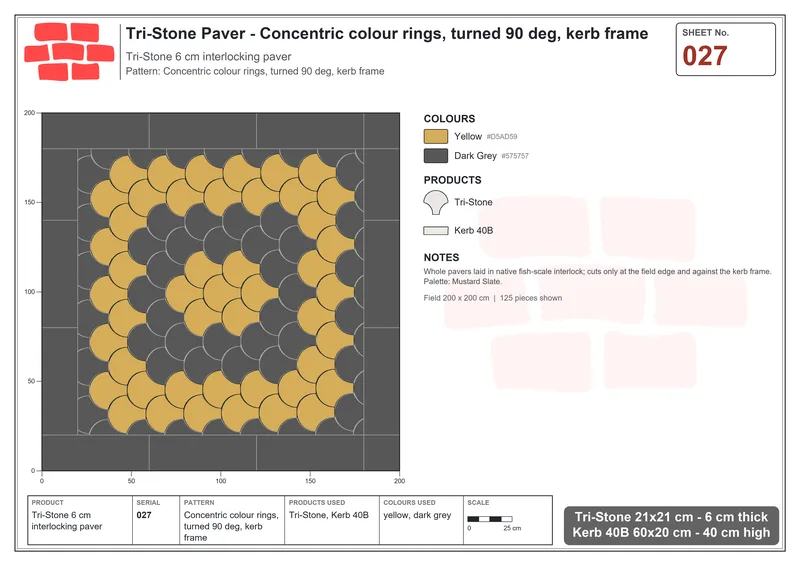 Interlock (Pasco) 21x21 cm · TRI-027 · Concentric colour rings, turned 90 deg, kerb frame · Laying plan