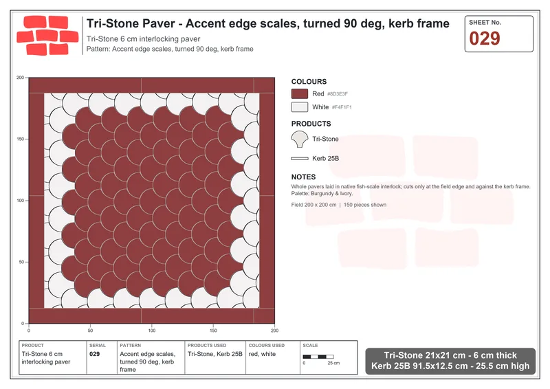 Interlock (Pasco) 21x21 cm · TRI-029 · Accent edge scales, turned 90 deg, kerb frame · Laying plan
