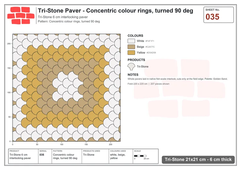Interlock (Pasco) 21x21 cm · TRI-035 · Concentric colour rings, turned 90 deg · Laying plan