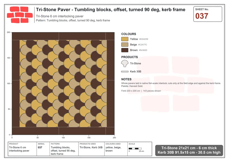 Interlock (Pasco) 21x21 cm · TRI-037 · Tumbling blocks, offset, turned 90 deg, kerb frame · Laying plan