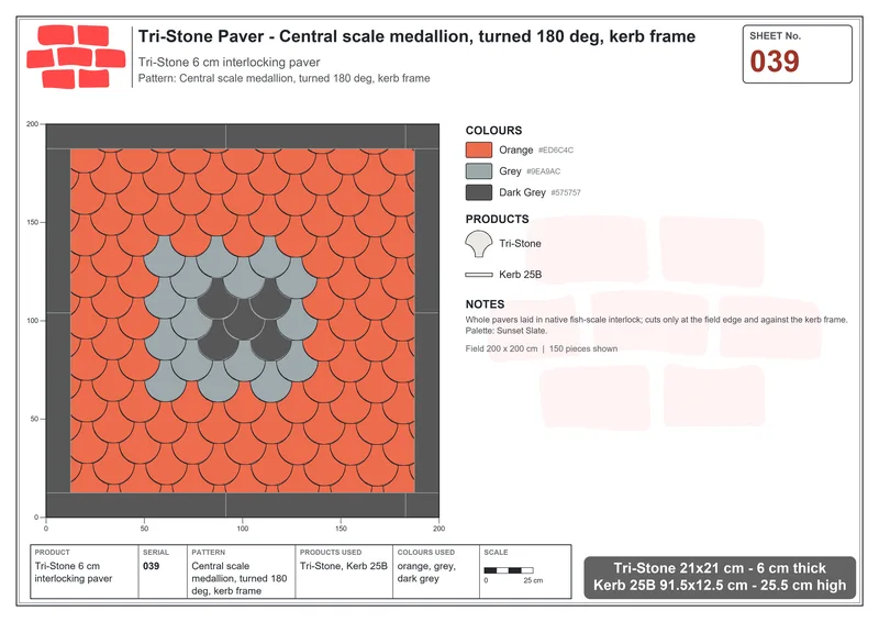 Interlock (Pasco) 21x21 cm · TRI-039 · Central scale medallion, turned 180 deg, kerb frame · Laying plan