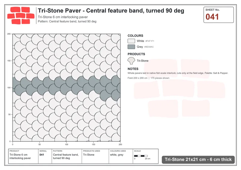 Interlock (Pasco) 21x21 cm · TRI-041 · Central feature band, turned 90 deg · Laying plan