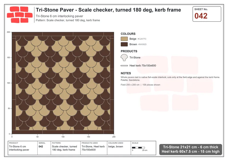 Interlock (Pasco) 21x21 cm · TRI-042 · Scale checker, turned 180 deg, kerb frame · Laying plan