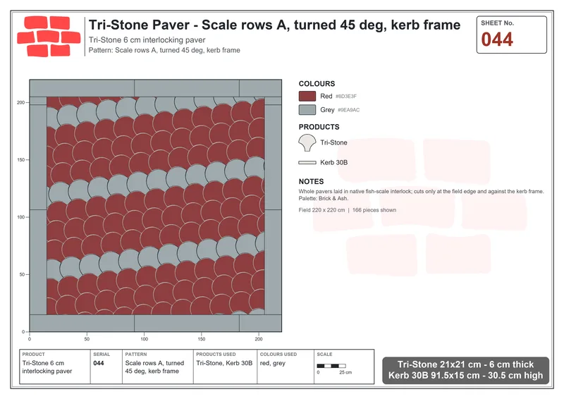 Interlock (Pasco) 21x21 cm · TRI-044 · Scale rows A, turned 45 deg, kerb frame · Laying plan