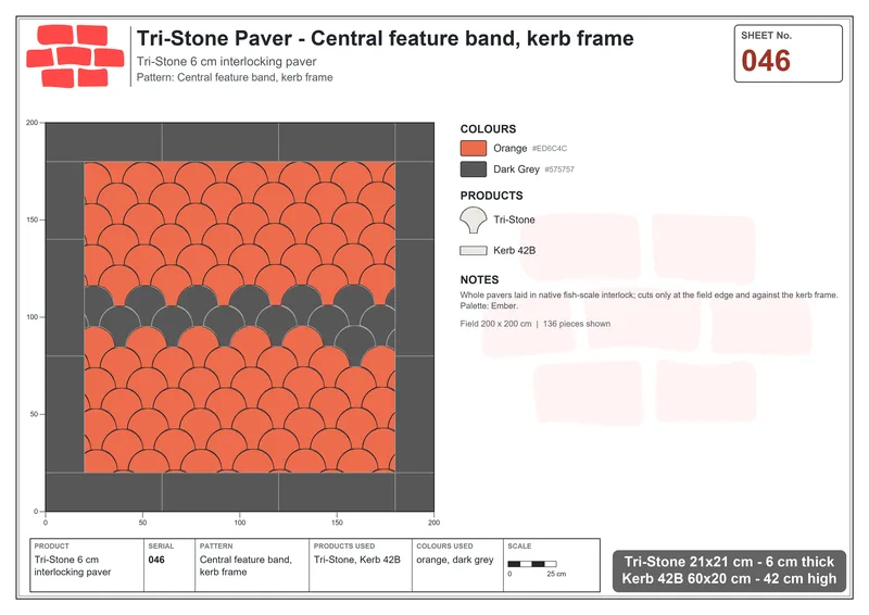 Interlock (Pasco) 21x21 cm · TRI-046 · Central feature band, kerb frame · Laying plan