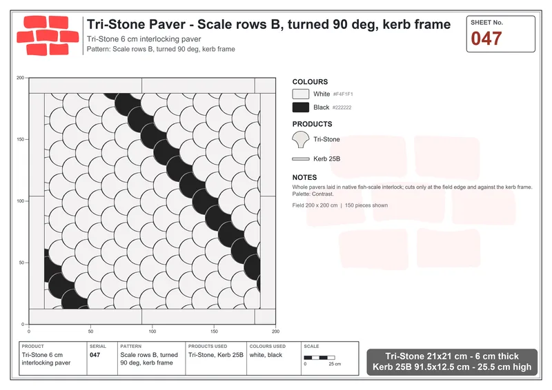 Interlock (Pasco) 21x21 cm · TRI-047 · Scale rows B, turned 90 deg, kerb frame · Laying plan