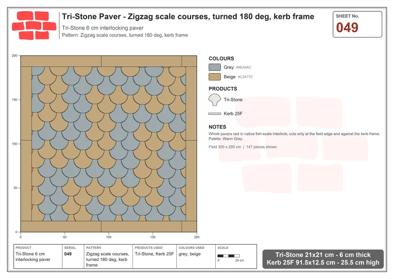 Interlock (Pasco) 21x21 cm · TRI-049 · Zigzag scale courses, turned 180 deg, kerb frame · Laying plan