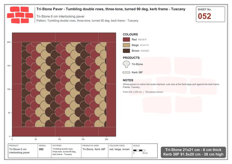 Interlock (Pasco) 21x21 cm · TRI-052 · Tumbling double rows, three-tone, turned 90 deg, kerb frame - Tuscany · Laying plan