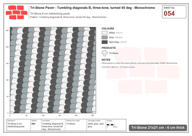 Interlock (Pasco) 21x21 cm · TRI-054 · Tumbling diagonals B, three-tone, turned 45 deg - Monochrome · Laying plan